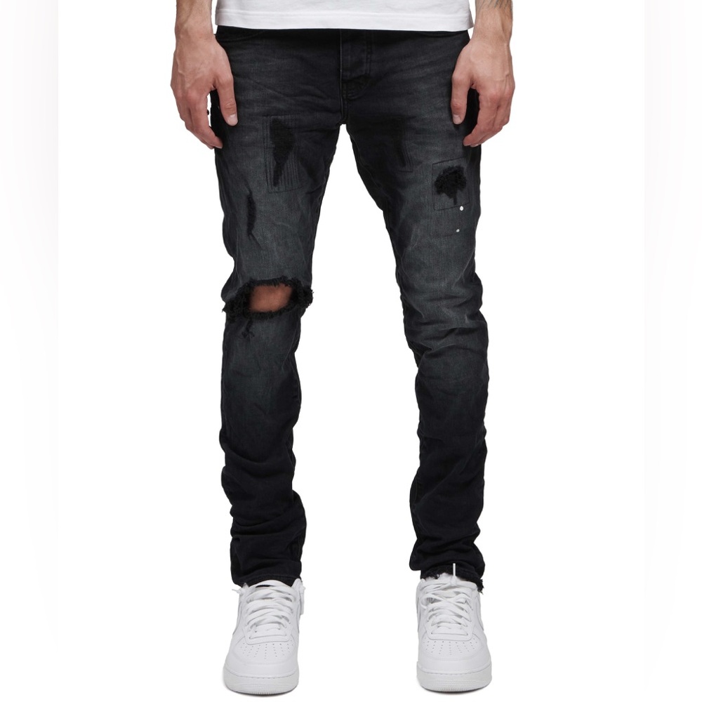PURPLE BRAND P002 Jean 36 BLR Mid Rise Black Denim Rip Repair Distressed Paint